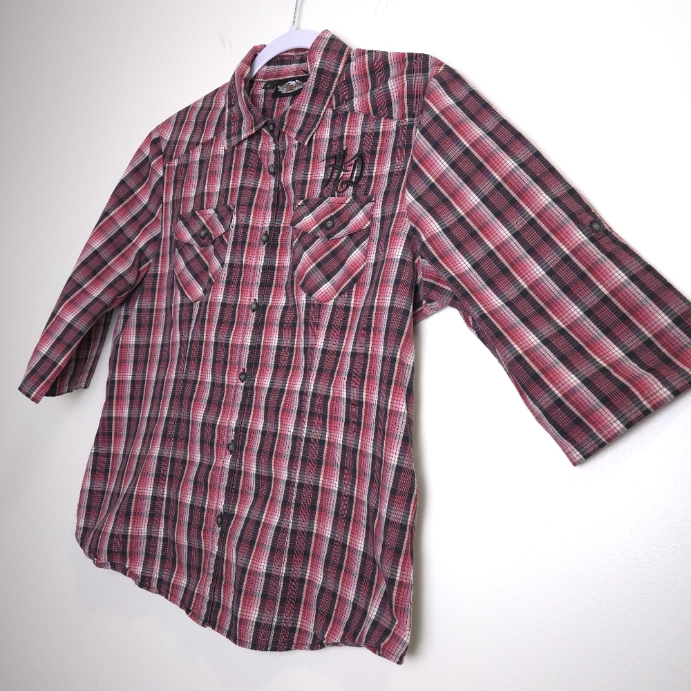 HARLEY DAVIDSON‎ Embroidered Logo Pink Check 3/4 Sleeve Casual Shirt L - Picture 3 of 8